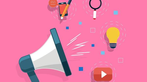 Grafik eines Megafons mit youtube Logo, einer Glühbirne und einer Lupe vor pinkem Hintergrund