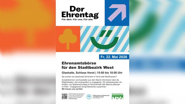 Handzettel zur Ehrenamtsbörse im und für den Stadtbezirk West am 22.05.2026 von 15-18 Uhr im Schloss Horst